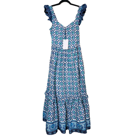 New LUCKY BRAND Womens XL Maxi Dress Long Printed Blue Tiered Ruffle Puff Sleeve - Picture 1 of 10